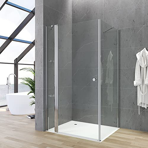 Duschkabine Eckeinstieg 100x90 x 187 cm Duschabtrennung Duschwand Glas Eck Dusche Duschtür an Festteil mit festem Seitenteil Eckdusche rahmenlos Drehtür Schwingtür Pendeltür Eckregale Eckablage