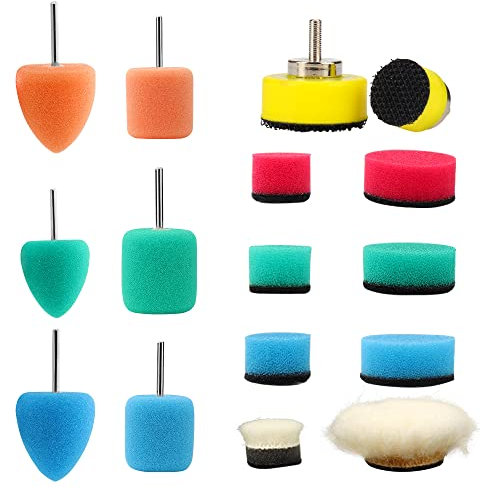 SI FANG Car Detail Polisher Buffing Polishing Pads Kit, 16Pcs Sponge Mini Buffers Pad for Tight Area Detailing Polishing Waxing and Sealing Glaze, Headlights Door Handles Scratch Restoration Tool