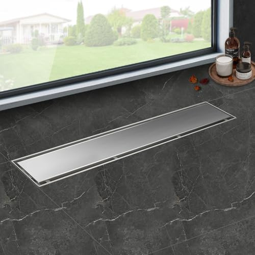 iYueMps Duschrinne 60cm Extra Flach Edelstahl Duschrinne Befliesbar 2 in 1 | Silber,Bodenabfluss Dusche Komplettset,Siphon mit Geruchsstop und Haarsieb, 2-in-1 doppelseitig,Schnelle Entwässerung