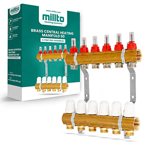 Millto™ Fußbodenheizungsverteiler Messing 6-Port 6 Abschnitte Rohranschlüsse Heizungsverteiler Vormontiert 50 Heizungsbausatz Verteiler Rohranschluss-set