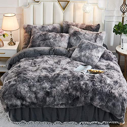 Michorinee Plüsch Bettwäsche 200x200 Winter Flauschig Warme Bettbezug Fleece Flausch Langhaar Kunstfell Tie Dye Gedruckt Grau Plüschbettwäsche Set mit Reißverschluss - 200xcm + 2x80 x,Tie Dye Grau