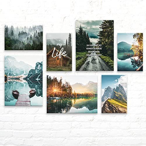 Wunderschöne Alpen Wandbilder im Set - 7 aufhängefertige Leinwand-Bilder von Berg Bäume Seen & Wald, mood Wand-Deko für Wohnzimmer Schlafzimmer Landschafts-Bilder Set je 3x 30x40cm - 4x 30x20cm