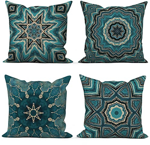ASDCXZ Örngott boho 50 x 50 cm set om 4, retro geometriskt mönster blått guld soffa dekorativa kuddfodral örngott tvättbar polyester lin textil utomhus stoppning örngott