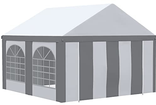 Outsunny 4 x 4m Galvanised Party Tent Marquee Gazebo with Sides, 4 Windows | Double Doors, for Parties, Wedding and Events