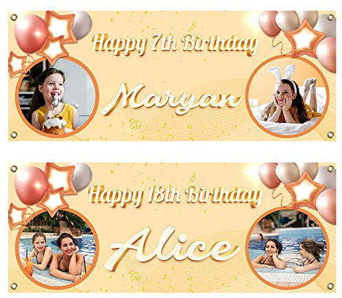 Cartel Cumpleaños Personalizado Pancarta Feliz Cumpleaños, Fondo de Decoración de Cumpleaños con Foto,Banners personalizados de edad y nombre - 100X250CM/120X300CM Decoraciones de fiesta amarillas