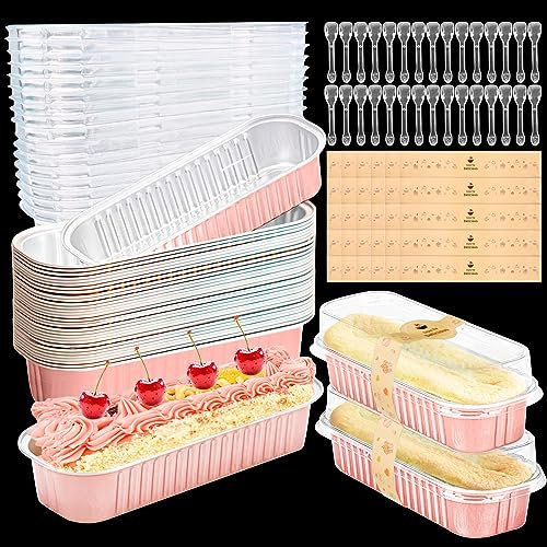 Furuising 120Pcs/30Set Mini Loaf Pans with Lids and Spoon, 200ml Aluminum Loaf Cake Cases, Reusable Foil Mini Loaf Tin, Baking Pans with 30 Stickers for Cake Bread Baking (Pink)