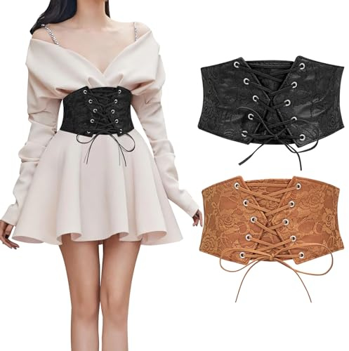 WERFORU 2 Pièces Femmes Taille Corset Ceinture Attachée Waspie Ceinture Halloween Élastique Larges Ceintures pour Robes Noir/Marron