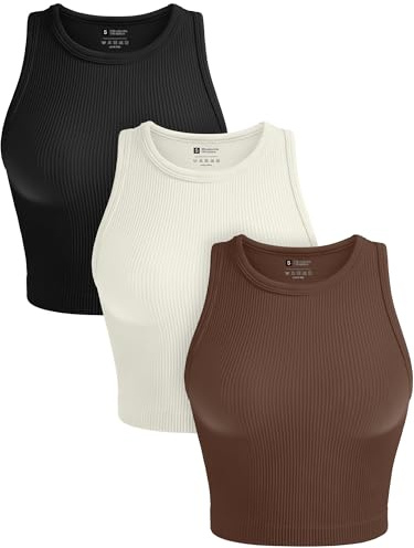 OLCHEE Womens 3 Pack Crop Tank Tops Basic Seamless Ribbed Round High Neck Racerback Workout Top Summer Causal Yoga Gym Shirts - Black Brown Beige Small