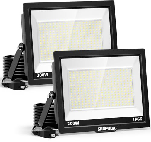 SHGPODA 2 Pack 200W LED Flood Lights Outdoor, 24000LM Brighter Security Lights with Plug+10ft Cord, IP66 Waterproof, 5000K White Floodlight for Yard, Garden, Stadium, Playground, Arena