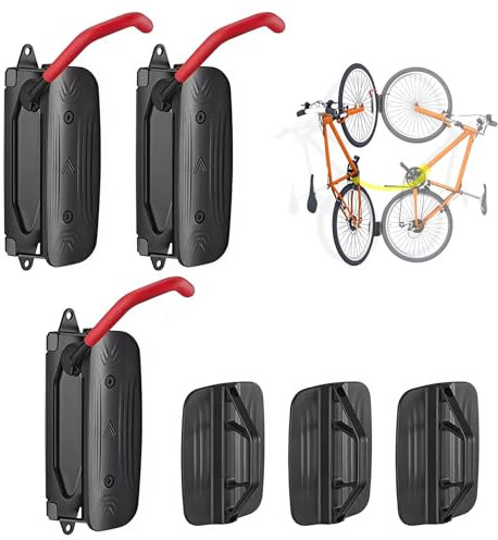 Mimoke Juego de 3 soportes de pared giratorios para bicicletas, verticales, para garaje, bicicleta de montaña y bicicleta de carretera, rojo
