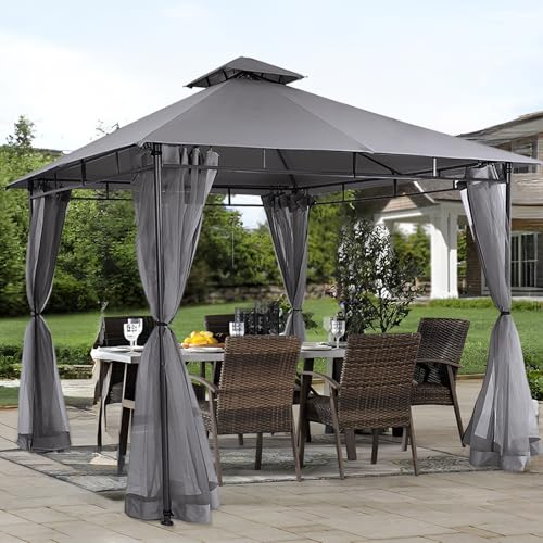 Sekey Pavillon 3x3 Wasserdicht Stabil Winterfest mit 4 Moskitonetz, Hinterhof-Gazebo für Garten Hof Terrasse, Doppeldach Partyzelt Gartenzelt für Festival, Events, Partys, Picknick, Grau