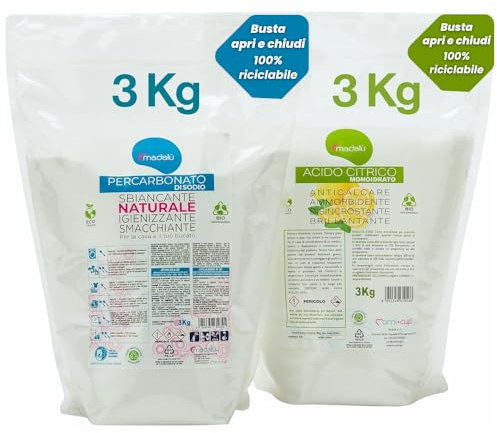 Kit Acido Citrico per Lavatrice + Percarbonato di Sodio Sbiancante (3 + 3 Kg) Azione Combinata per Sbiancante Bucato e Ammorbidente, Anticalcare Bagno, Antimuffa, Busta Richiudibile Riciclabile