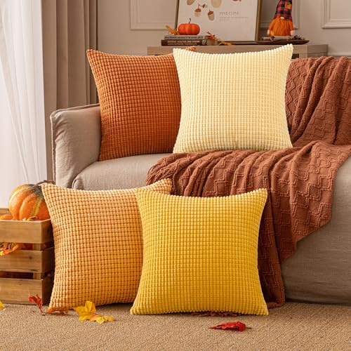 EMEMA Kordsamt Kissenbezug 4er Set Herbst Dekokissen Granulat Sofakissen Dekorative Kissenbezüge Couchkissen Kissenhülle Weich Kissen Bezug Zierkissen für Sofa Couch Wohnzimmer 45x45 cm Orange Serie