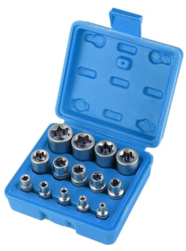 CPROSP 14x Llaves Vaso Torx Hembra de 1/4 3/8 1/2, Vasos e Torx Hembra E4, E5, E6, E7, E8, E10, E11, E12, E14, E16, E18, E20, E22, E24 Caja Azul