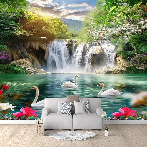 Papier Peint Intissé Paysage De Fleurs Et D'Oiseaux En Cascade 300 x 210cm Papier Peint Panoramique Moderne, Tableaux Muraux Tapisserie Photo, Papier Peint Mural pour Salon, Chambre, Fond Décor TV
