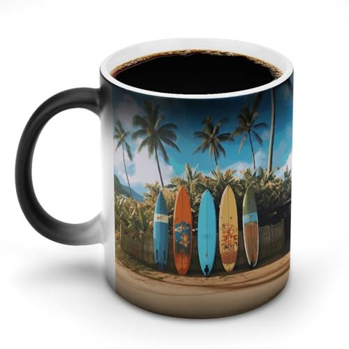 BTCOWZRV Farbwechsel-Tasse, Surf's Up Surfbrett, Keramik-Kaffeetasse, wärmewechselnde empfindliche Tasse, magische Teetasse, Neuheit, Kaffeetassen für Damen und Herren