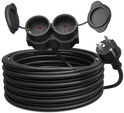 Poppstar Verlängerungskabel 10m, IP44, 3500W, mit Doppelstecker außen (Outdoor Stromkabel mit Doppelsteckdose), schwarz