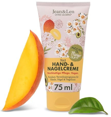 Jean & Len Hand- & Nagelcreme Mango & Avocado, vegane Pflegeformel mit Shea- und Kakaobutter, reichhaltige Pflege, fruchtiger Mango-Duft, vegane Handpflege, ohne Parabene & Silikone, 75 ml