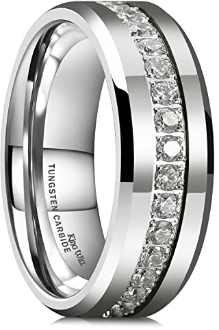 King Will Wolframkarbid-Trauring für Herren - 8mm Silber Hochglanz mit Zirkonia-Steinen, Comfort Fit Herrenring für Hochzeit, Verlobung & Jahrestag 10