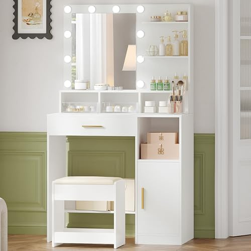 Hzuaneri Schminktisch mit Spiegel und 10 LED-Leuchten, Hocker, Schminkkommode mit 3 Ablagen & 4 offenen Fächern, Schminktisch mit Großer Schublade & Schrank VT08103D