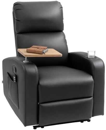 HOMCOM Relaxsessel mit Massagefunktion, Drehbarem Tisch, Feder, Schwarz | Fernsehsessel mit Liegefunktion, Massagesessel, Ruhesessel mit Fernbedienung, Seitentasche und Becherhalter, Mikrofaser