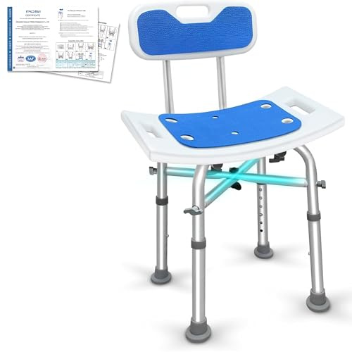 OUUTMEE Sedia da Doccia Con Schienale, Altezza Regolabile in 6 Livelli: 65-77 cm, Sedia da Doccia Per Anziani Con Piedini Antiscivolo, Capacità Massima Di Carico 136 kg