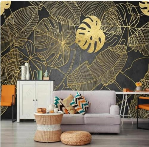 XLMING Arte Vintage Dipinta A Mano Con Foglie Di Banano Dorate 3D Carta Da Parati Lusso Casa Soggiorno Divano Mobili Floreale Camera Letto TV Sfondo Muro-200cm×140cm
