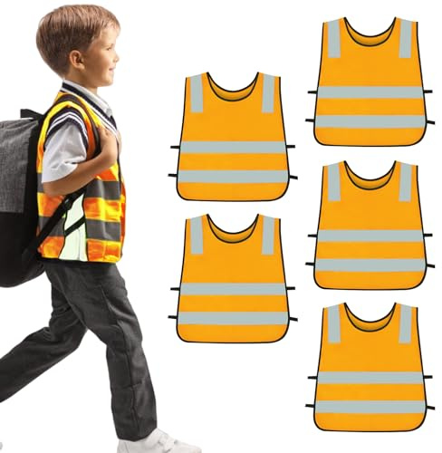 WANDGU 5 Stück Warnweste Kinder: Leichte Sicherheitsweste Kinder, Warnschutzweste Kinder, Universal Größe, Warnweste Reflektierendes, Signalweste für Jungs und Mädchen 3-12 Jahre neon gelb
