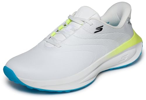 Skechers Uomo Go Golf Mens Synthetic Upper Lace Up Spike Less Golf Shoe Slip-in ALLENATRICE, White/Blue/Yellow, 43 EU