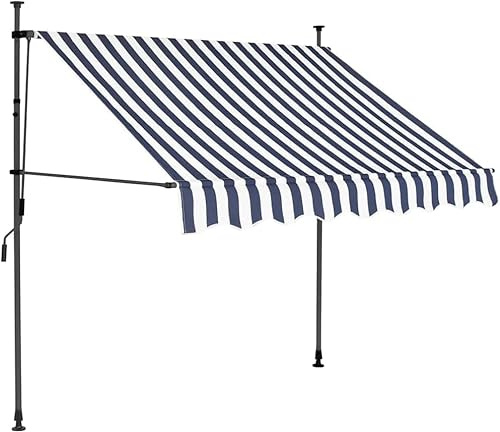 HaoChrymec Einziehbare Markise Handbetrieben mit LED, Polyester mit PU-Beschichtung, Flexibel Einstellbar, Sonnenschutz für Balkon, Markise Einziehbar, Klemmmarkise Balkon, Blau und Weiß, 150 cm