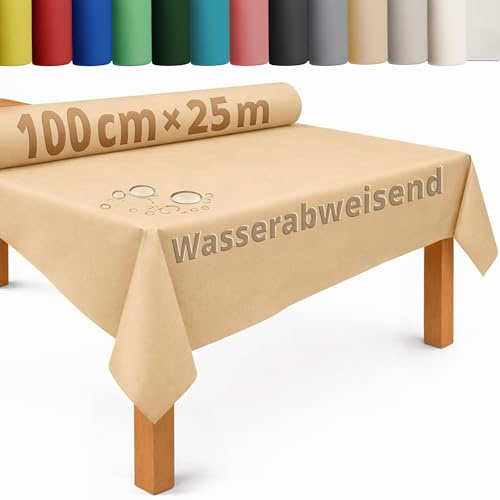 DecoHomeTextil Tischdecke Vliesstoff Rolle 1 x 25 m Beige | abwaschbar, wasserabweisend, zuschneidbar, anpassbar, Tischdeckenrolle, Vlies