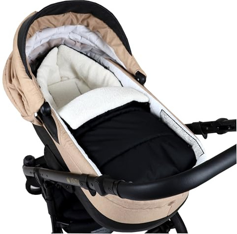 BABYLUX Bouclé Fußsack Kinderwagen 90cm | Universal Winter, Wasserdicht & Warm | für Buggy, Babyschale, 3 und 5-Punkt Gurt geeignet (BF5 Schwarz + Boucle Ecru)