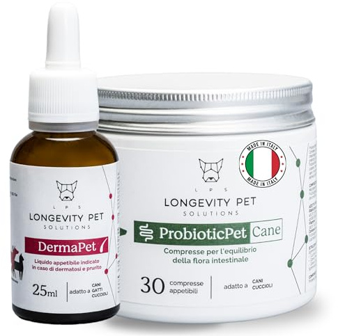 Soluzione Prurito | DermaPet Integratore Dermatite per Cute Cani e Gatti + ProbioticPet Cane 30 Cpr per Dermatite, Digestione | Integratore Prurito Cani e Gatti - Longevity Pet