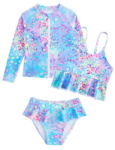 WYTbaby 3-Piece Girls Swimming Costume Rash Guard Set Long Sleeve Ruffle Shorts Tankini Sets Girls Swimsuit 3-9 Years