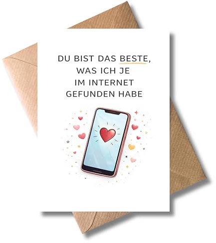WBdesignz Liebeskarte „Du bist das Beste, was ich je im Internet gefunden habe“ mit Umschlag - mit Handy & Herz für Freundin, Partnerin, Online-Dating - Geburtstag, Valentinstag, Jahrestag (DIN A6)