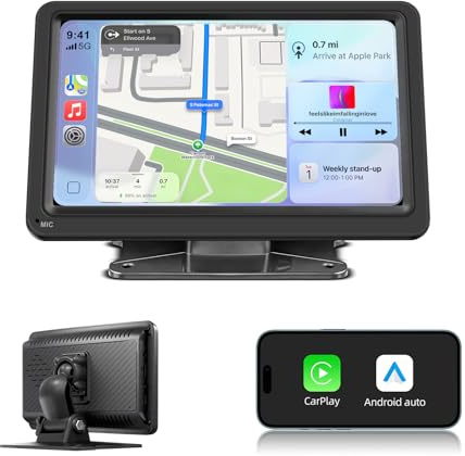 LEXXSON Pantalla CarPlay Portátil de 7 Pulgadas con CarPlay Inalámbrico y Android Auto, Mirror Link, Pantalla Táctil IPS, Modo Día/Noche, Bluetooth/Transmisor FM/AUX, para Vehículos de 12-24V