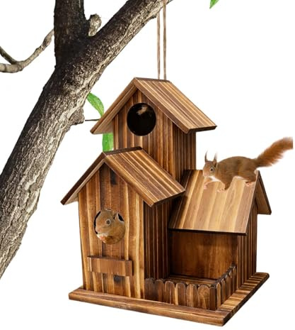 Eichhörnchen-Futterstation für den Außenbereich | DREI-Kammer Design aus Holz für die Futterstelle im Außenbereich,Futterhaus mit klappbarem Dach und Sitzbank | für Terrasse, Balkon, Hof, Patio, Gar