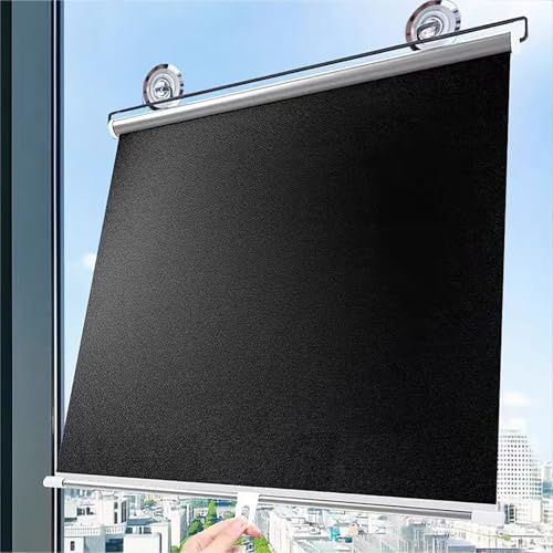 Estor Enrollable con Ventosa 50x70cm Persiana Enrollable Sin Taladrar Cortinas Opaca Térmico Aislante Tela Opaca Color Plata Titanio,Interior Negro y Exterior Plateado para Cocina/Oficina/Coche