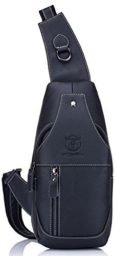 BULLCAPTAIN Echtes Leder Herren Taschen Schultertasche Crossbody Tasche Casual Herren Brusttasche Reise Wandern Rucksack, Schwarz, 15cm(5.91inch) * 8cm(3.15inch) * 30cm(11.81inch), Sling Rucksäcke
