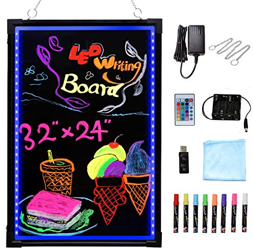Voilamart LED Message Writing Board, 32 x 24 Flashing Illuminated Erasable LED Message Chalkboard Neon Effect Menu Sign Board with Remote Control, 8 Colors Chalk Markers