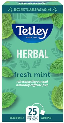 Tetley Fresh Mint Tea Bags - Refreshing Peppermint & Spearmint Blend - Naturally Caffeine-Free - Smooth & Cooling Herbal Infusion - Rainforest Alliance Certified - 25 Teabags (1 Pack)