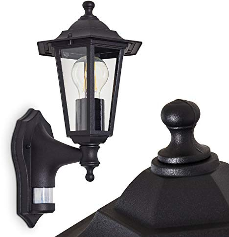 HOFSTEIN Außenwandleuchte Loria, Außenwandlampe mit Bewegungsmelder aus Metall/Glas in Schwarz/Klar, Wandleuchte Up im Retro/Vintage/Landhaus-Design, E27, IP44, Eingangsbereich, Terrasse, Haustür, Hof
