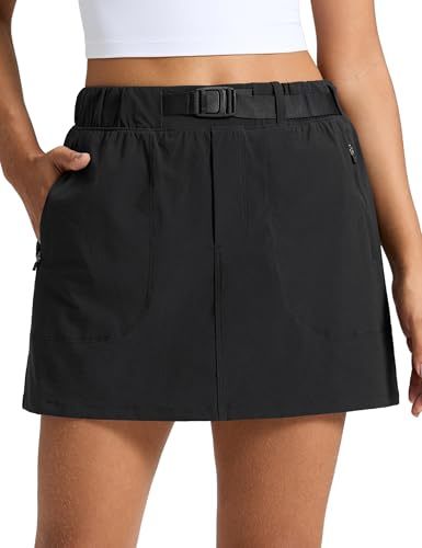 CRZ YOGA Stretch Adjustable Waist Hiking Skirts for Women - Mini Lined High Rise Quick Dry Casual Skorts with Zipper Pockets Black Medium