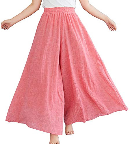 BININBOX Pantalon Large Femme Palazzo Jambes Large Elastiqué Taille Haute Décontracté Lin Coton Jupe-Culotte Longue