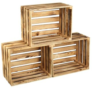 GrandBox Geflammte 3er Set Holz-Kiste 50x40x30 cm Wein-Kiste Obst-Kiste Deko-Kiste Kaminholz-Kiste Aufbewahrung Vintage Shabby Chick Retro