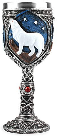 Copa de lobo de acero inoxidable, copa de cáliz de vino 3D de resina para cocina, fiesta, alojamiento, recuerdos decorativos de vacaciones (blanco)