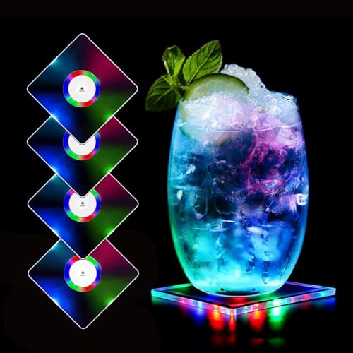 MEDOYOH 4er-Set Quadratisch Bunt LED Untersetzer für Getränke, ON/Off Wasserdicht Acryl Getränke Untersetzer Leuchtende für Gläser Flaschen Partys Hochzeiten Bar Weihnachten