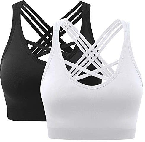 ANGOOL Damen Sport BH ohne Bügel Gepolstert Yoga Bra Kreuz Rücken Sport Bustier für Jogging Fitness, Schwarz+weiß, M