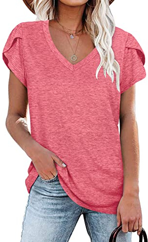 PLOKNRD Dam ledig V-ringad topp elegant kronblad kortärmad sommartopp klassisk T-shirt, Röd, L