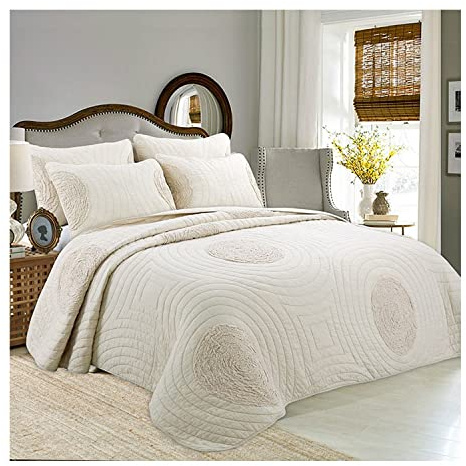 3 Teilig Tagesdecke Bettüberwurf Beige/Grau/Weiß Tagesdecken mit Kissen Set 230x250/240x260cm Bettüberwurf Bett Sofa Quilt mit 2 Kissenbezüge (Color : Beige, Size : 220x240cm)